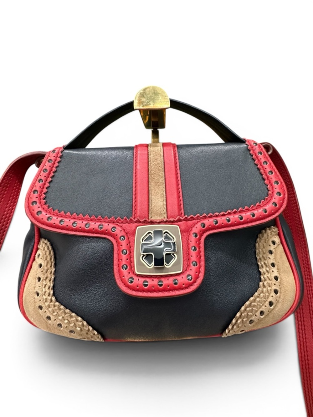 Bally Ellie SM Leather Top Handle Crossbody Navy Red Studded Italy